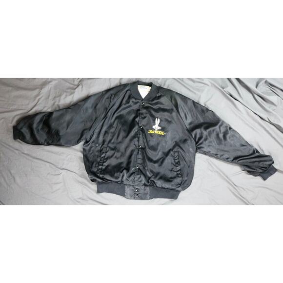 Bugs Bunny Happy Birthday 1990 Black Bomber Satin Jacket S XXL Vintage 2 Glasses - Picture 2 of 16